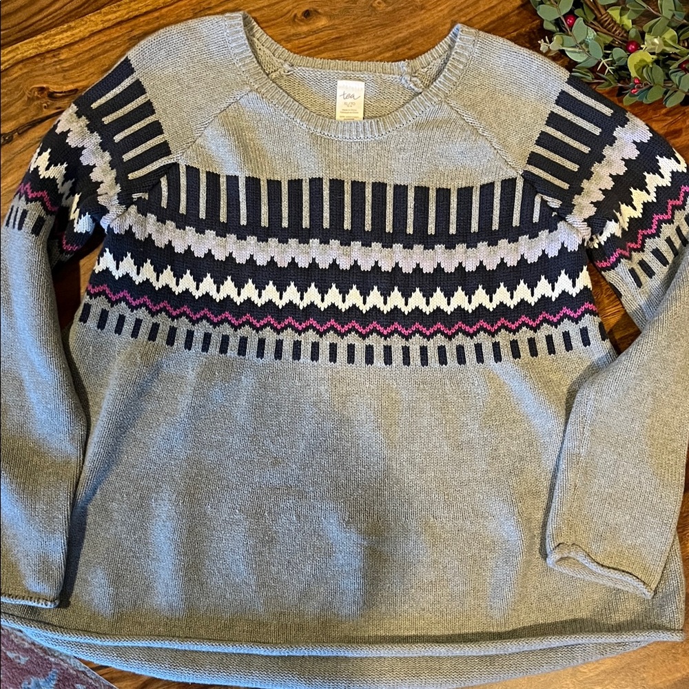 Tea Gray and Pink Patterned Crewneck Tunic Sweater